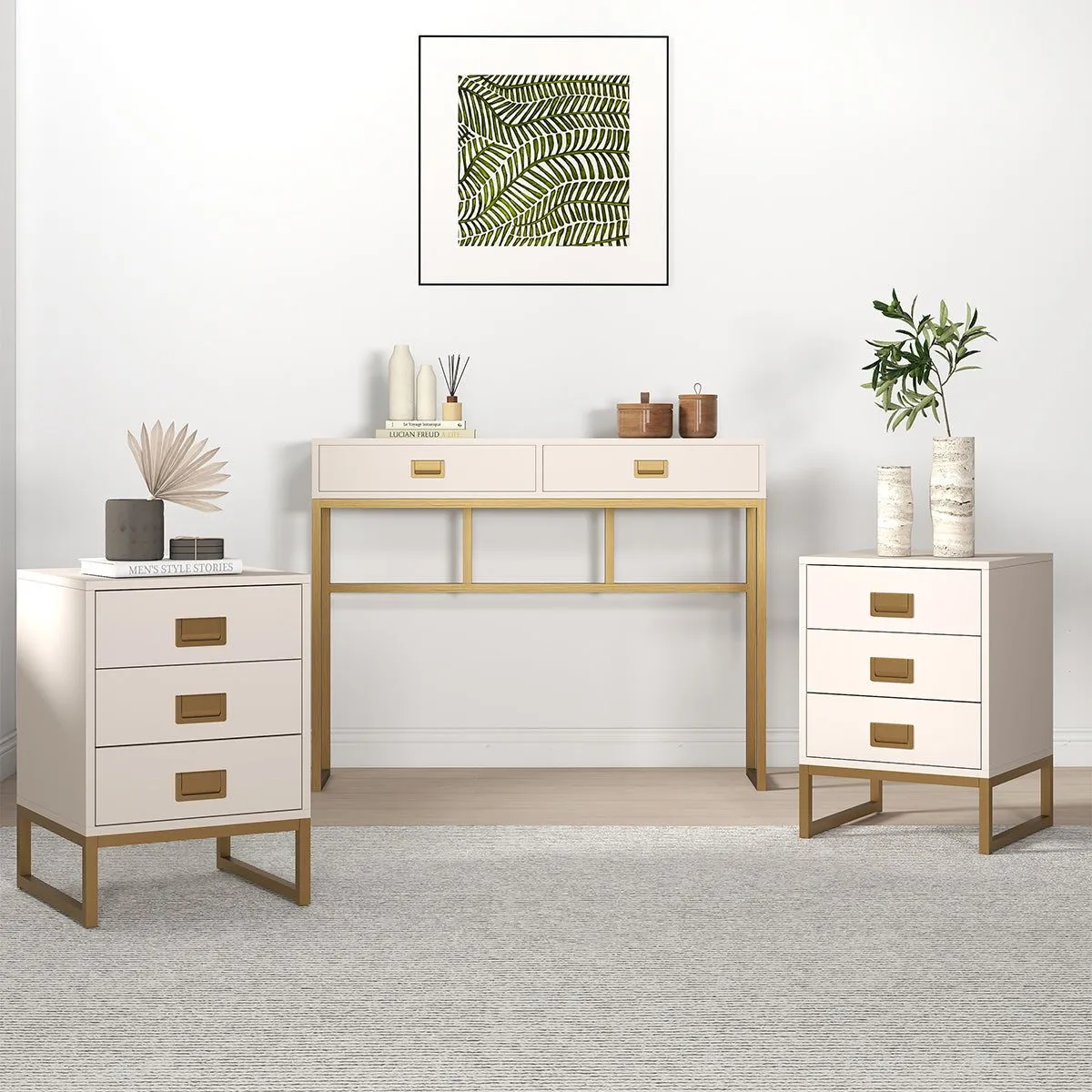Melody Maison Large 2 Drawer Dressing Table & Pair Of 3 Drawer Bedside Tables - Elle Stone Range in Beige