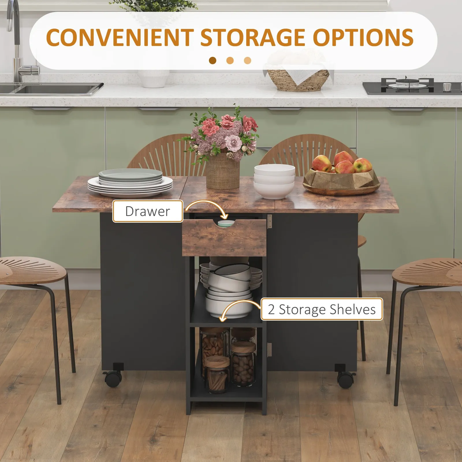 HOMCOM Foldable Dining Table, Drop Leaf Table with Storage for Kitchen in Brown 4