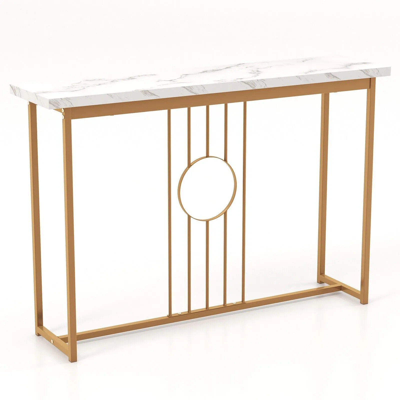 Costway 120cm Narrow Console Table Faux Marble Sofa Side End Table W/ Metal Frame in Gold 6