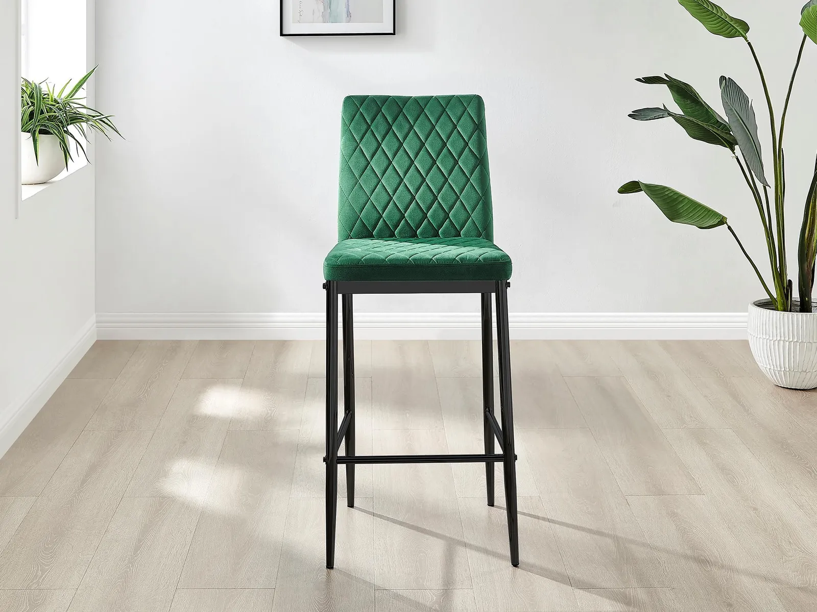 FurnitureboxUK Set of 2 Milan Soft Touch Hatched Velvet Padded Counter Stools With Black Metal Legs in Green 3