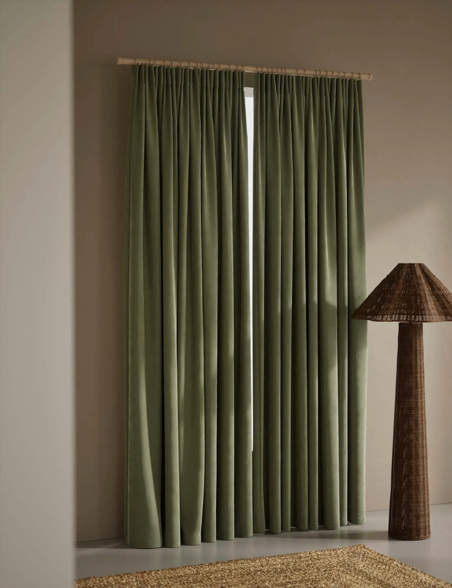 M&S Velvet Pencil Pleat Curtains Khaki