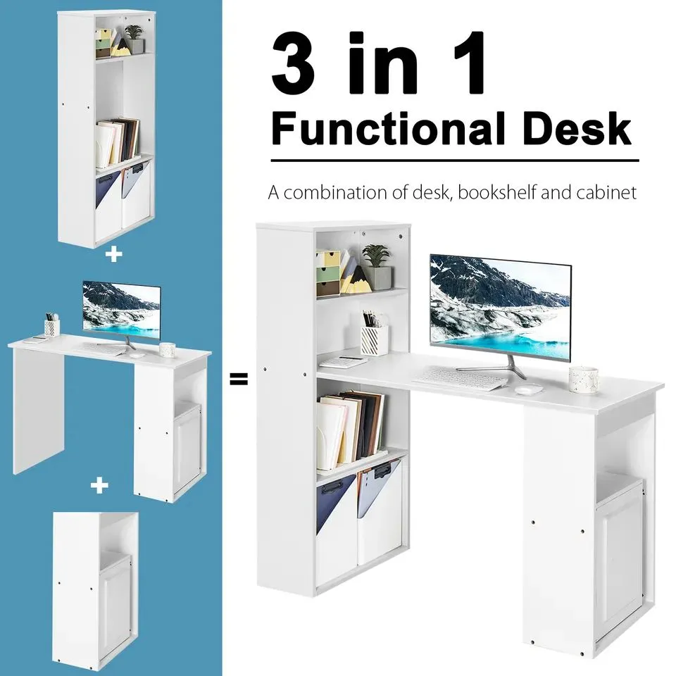 Costway Computer Writing Desk w/ Bookcase 6-tier Shelves Reversible Home Office Dorm in White 4
