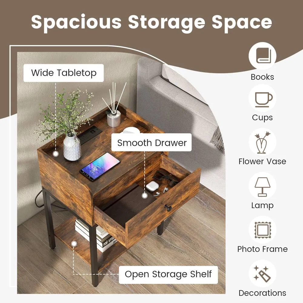 Costway Nightstand w/Charging Station Industrial Bedside Table w/USB Ports in Brown 5
