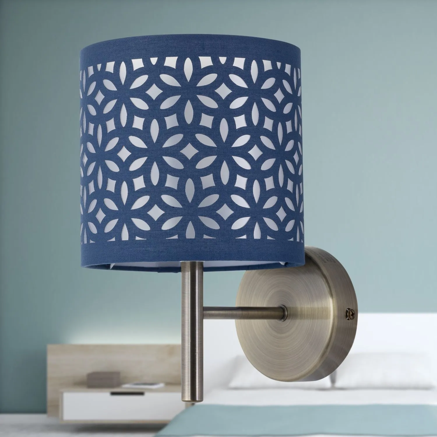 First Choice Lighting Set of 2 Brea - Antique Brass Wall Lights with Navy Blue Cut Out Shade in Gold 4