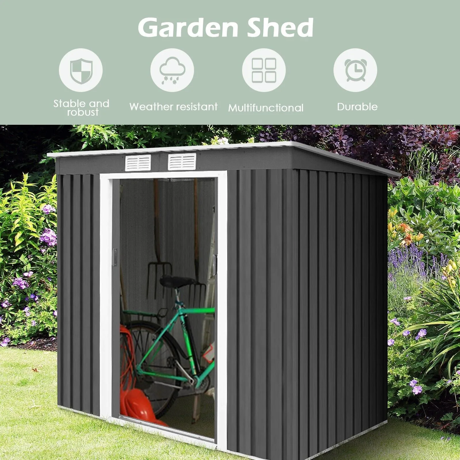 Costway 7FT x 4FT Outdoor Storage Shed Large Tool Utility Storage House W/Sliding Door 3