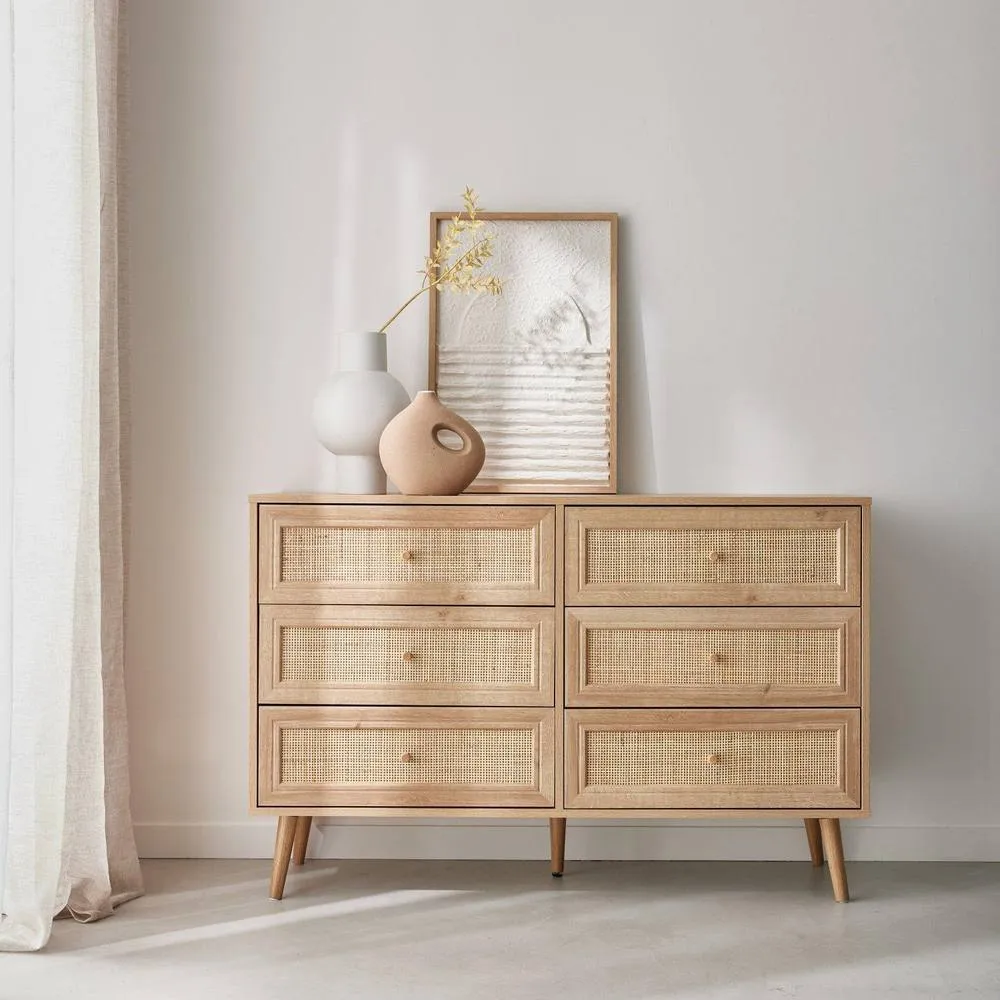 sweeek 6-drawer Chest With Wood & Cane Effect in Light Brown