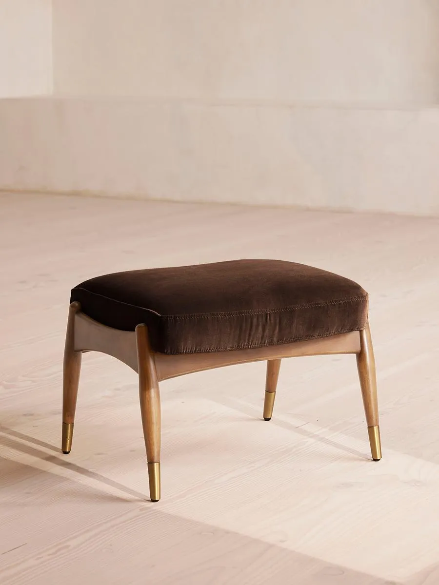 Theodore Oak Footstool, Velvet, Chocolate Brown