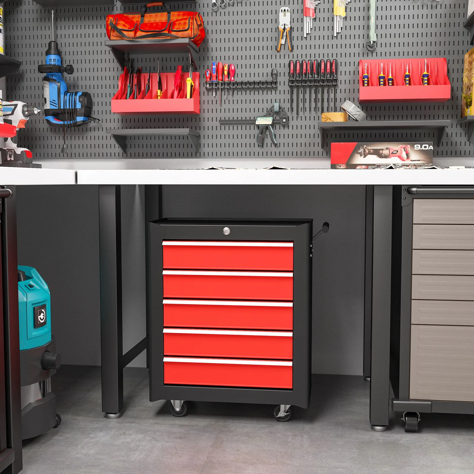HOMCOM 5-Drawer Tool Chest Steel Lockable Tool Storage Cabinet w/ Wheels in Red 2