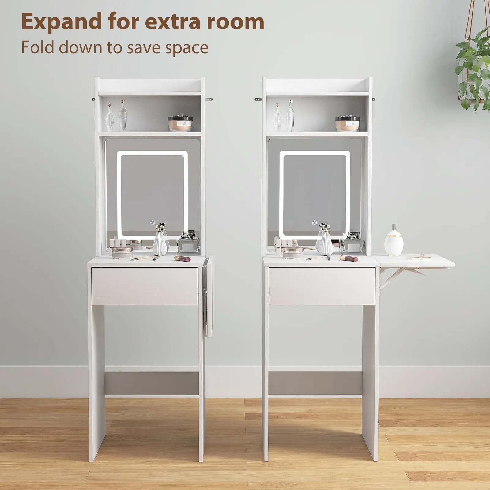 HOMCOM Compact Dressing Table with Lighted Mirror Open Shelves Drawer White 5