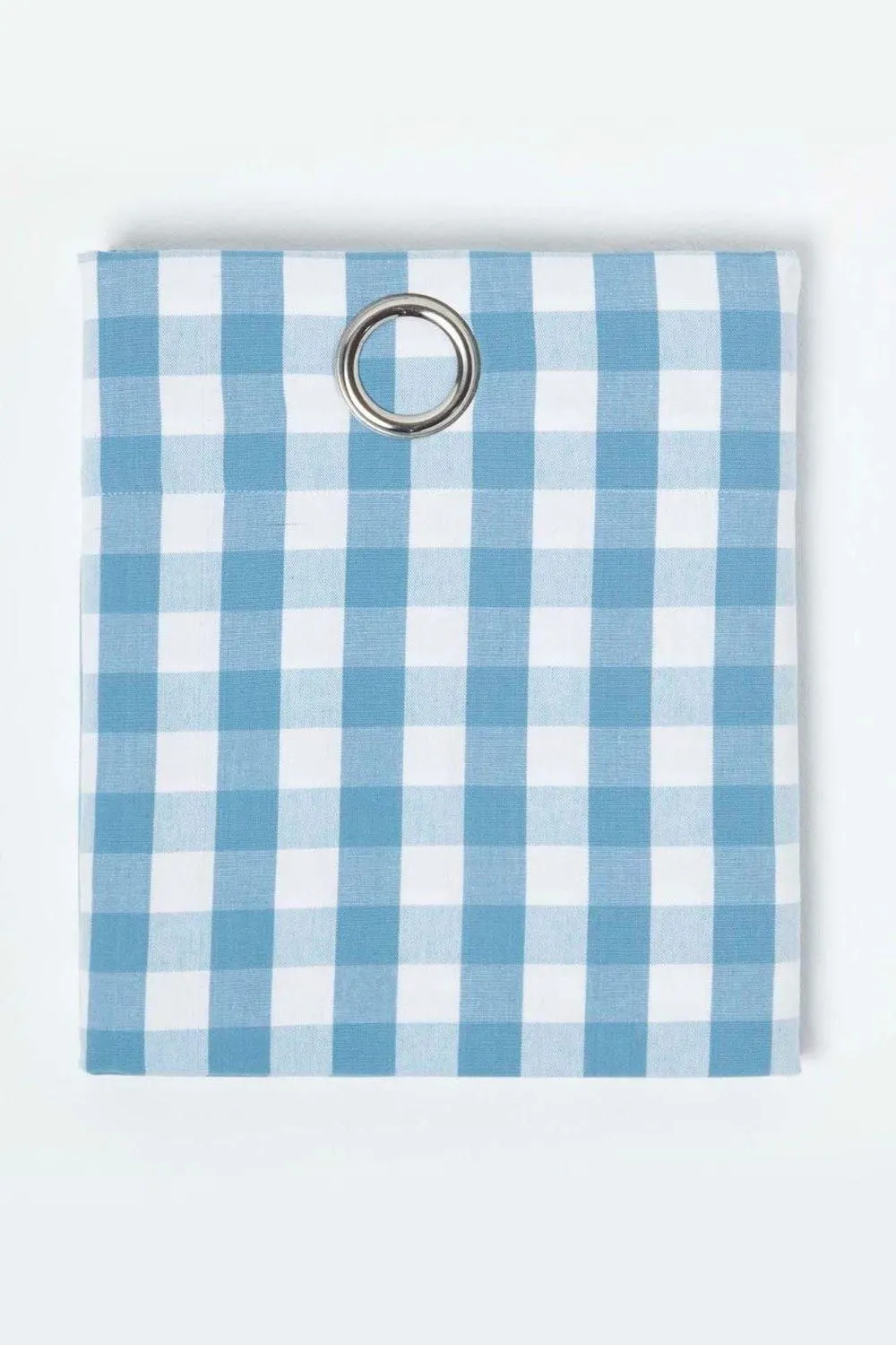 Homescapes Cotton Block Check Gingham Eyelet Curtain Pair in Blue 3