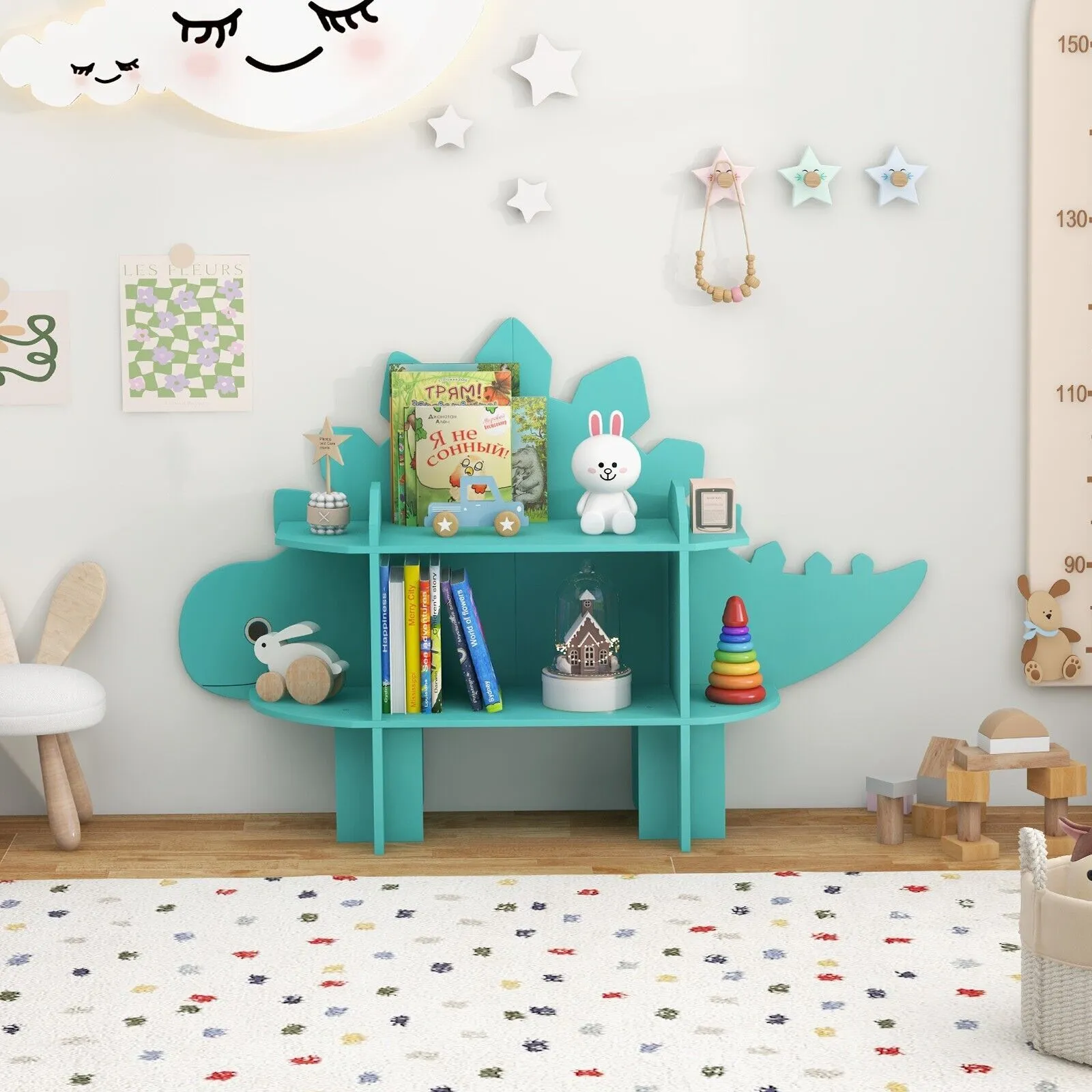 Costway Dinosaur Bookcase 2-Tier Toy Storage Organizer Wooden Bookshelf in Green 4