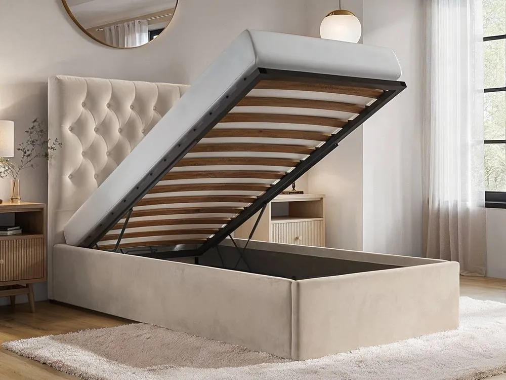 Flair Milan Velvet Single Ottoman Bed in Beige 2