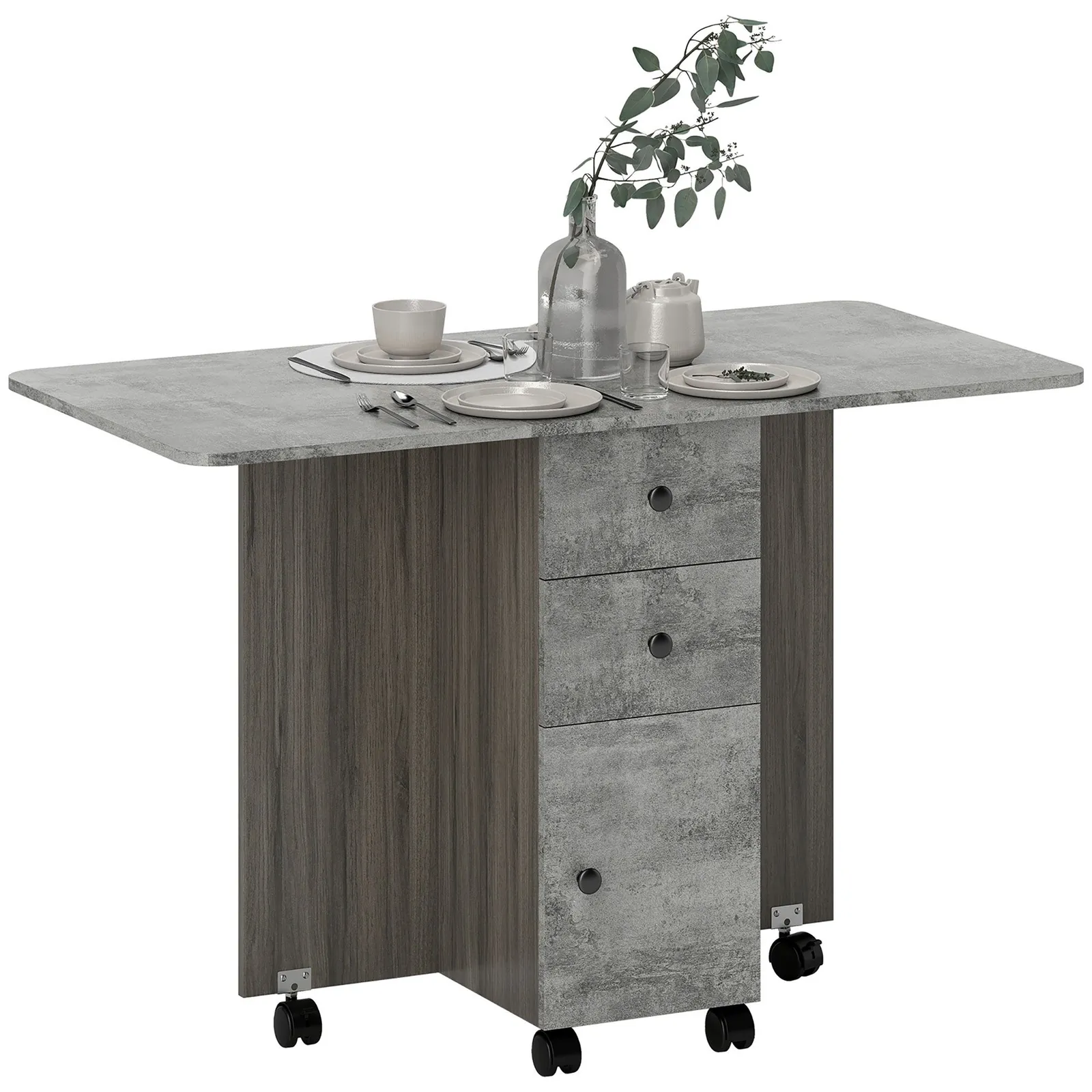 HOMCOM Folding Dining Table, Drop Leaf Table With Storage Drawers in Mid Grey 2