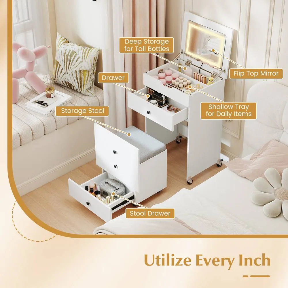 Costway 3-in-1 Vanity Desk Set w/Flip-top Mirror & Lights Makeup Table w/Stool in White 2