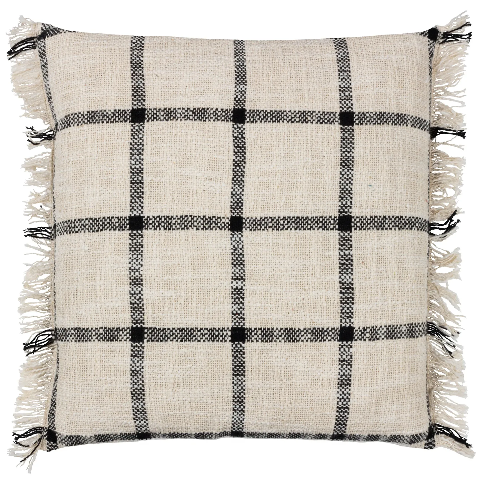 Yard Beni Check 100% Cotton Fringed Cushion in Natural 2