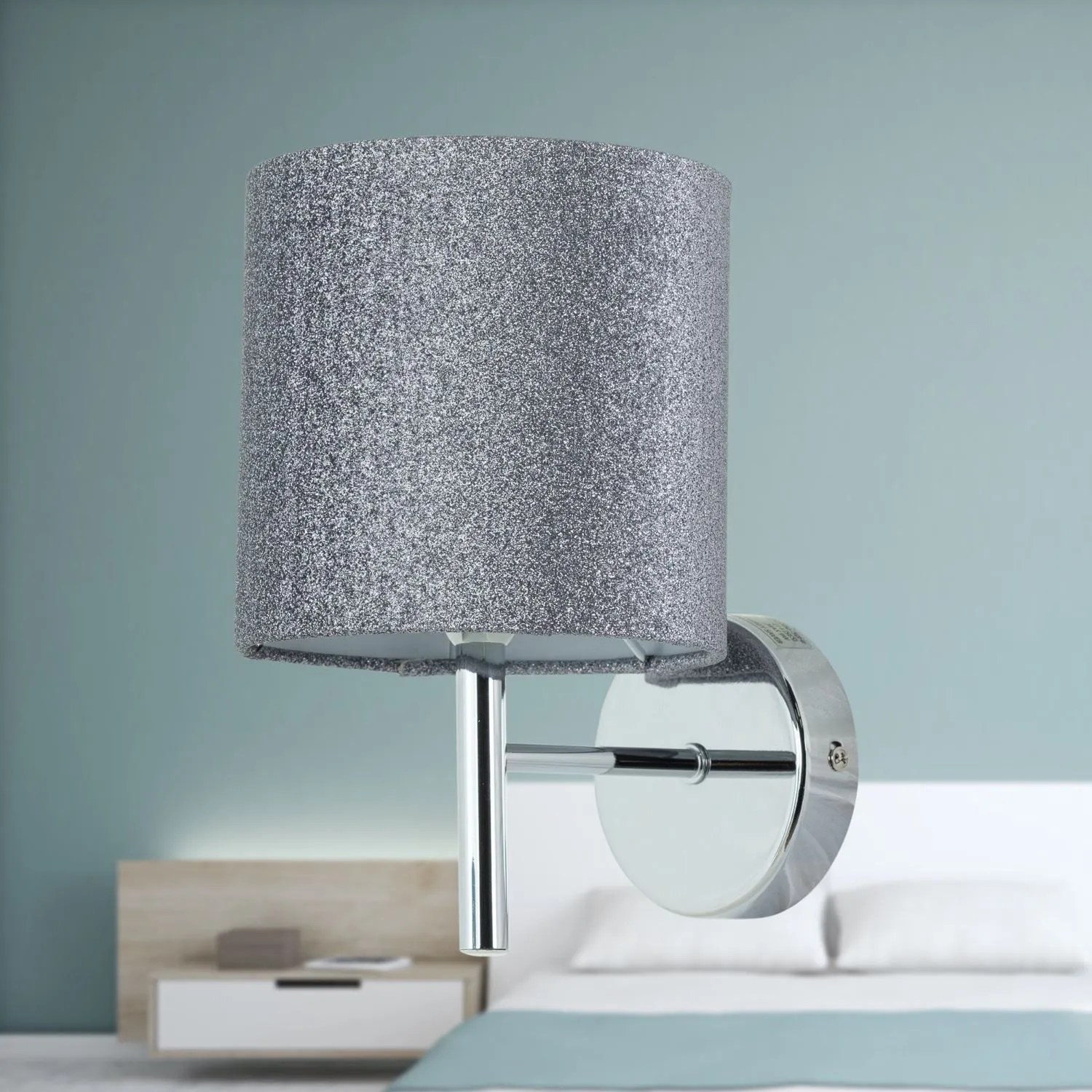 First Choice Lighting Brea - Chrome Wall Light with Silvery Glitter Shade in Silver 3