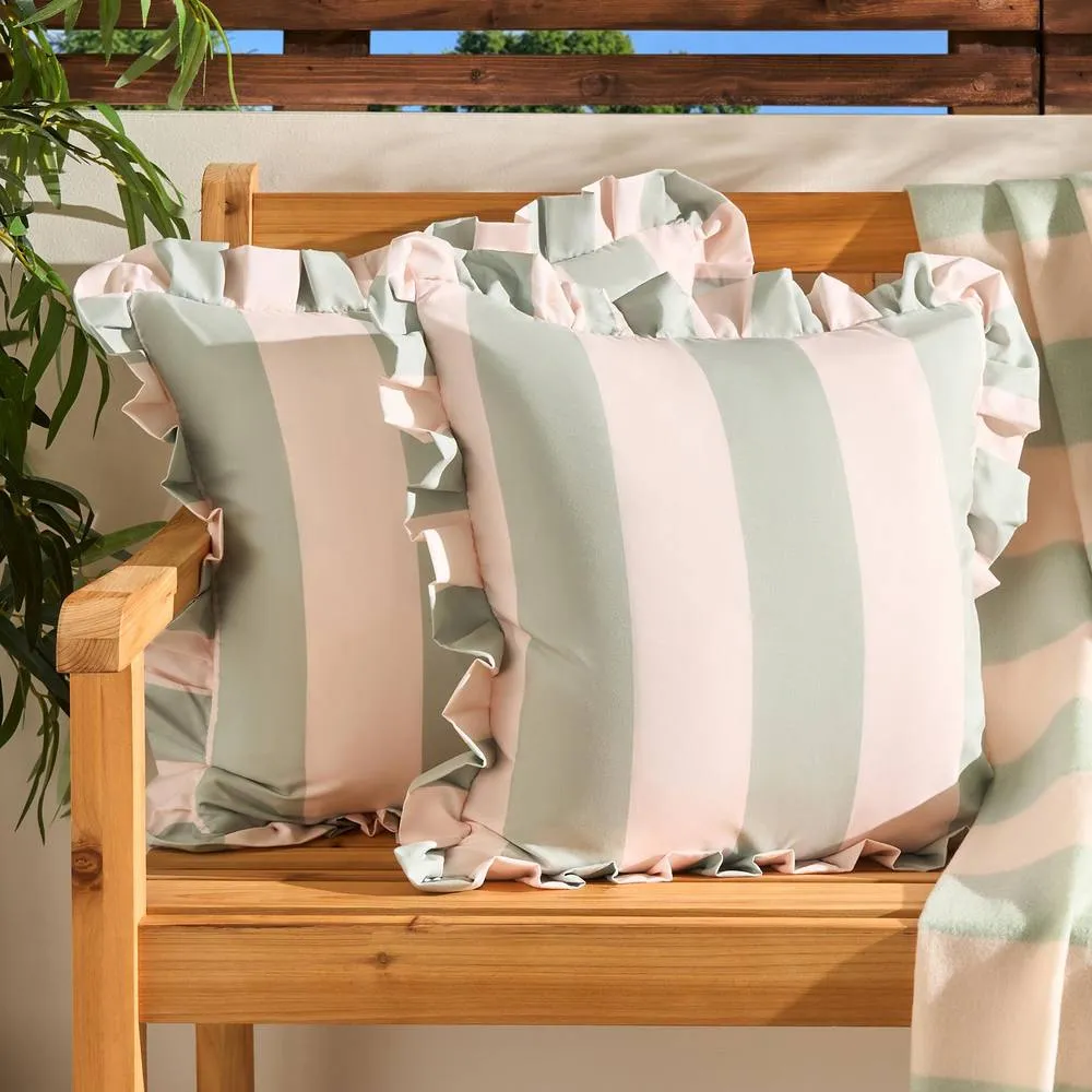OHS 2 x Stripe Garden Cushion Covers Outdoor Water Resistant in Pale Green
