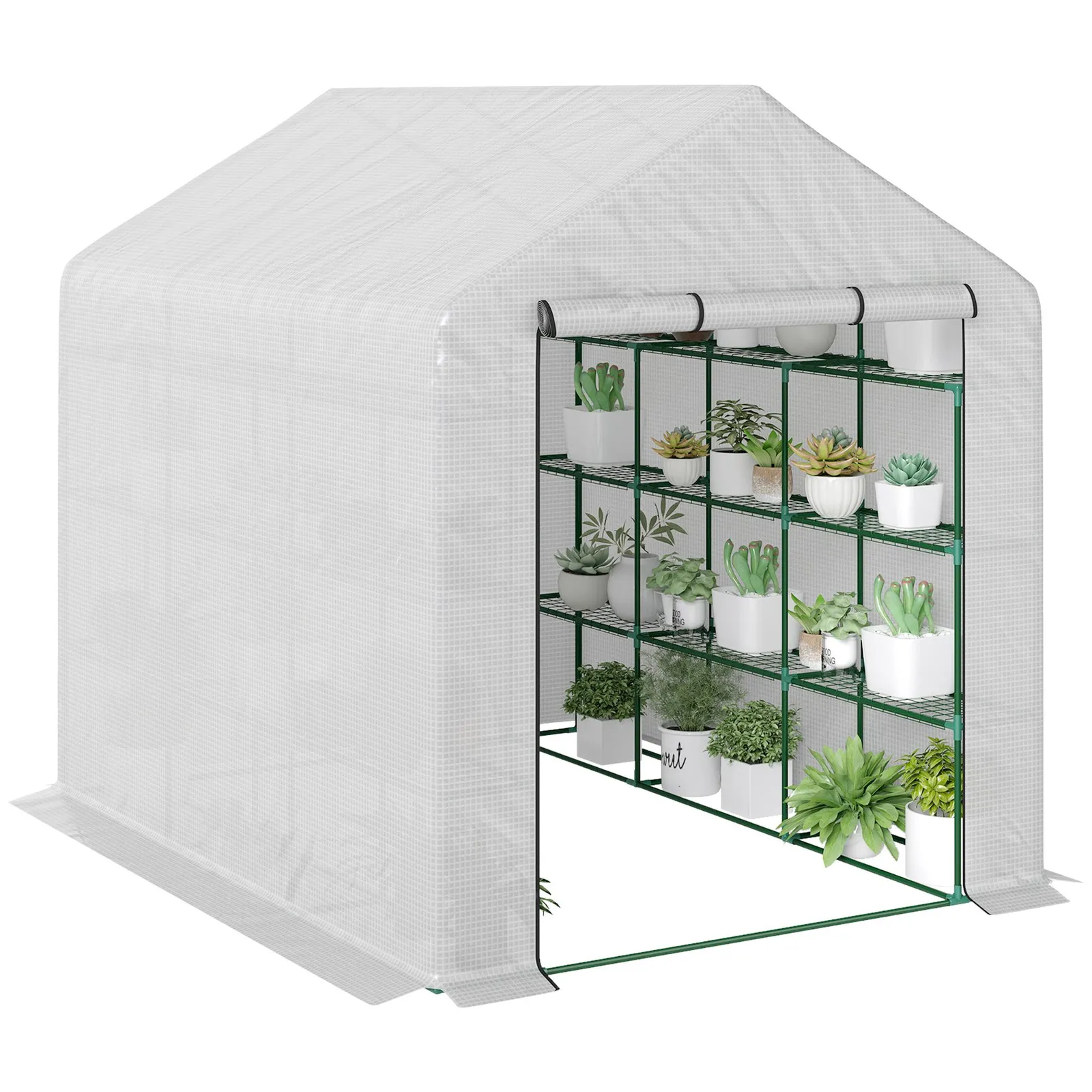 OUTSUNNY Walk-in Garden Greenhouse Shelves Polytunnel Steeple Grow House in White 2
