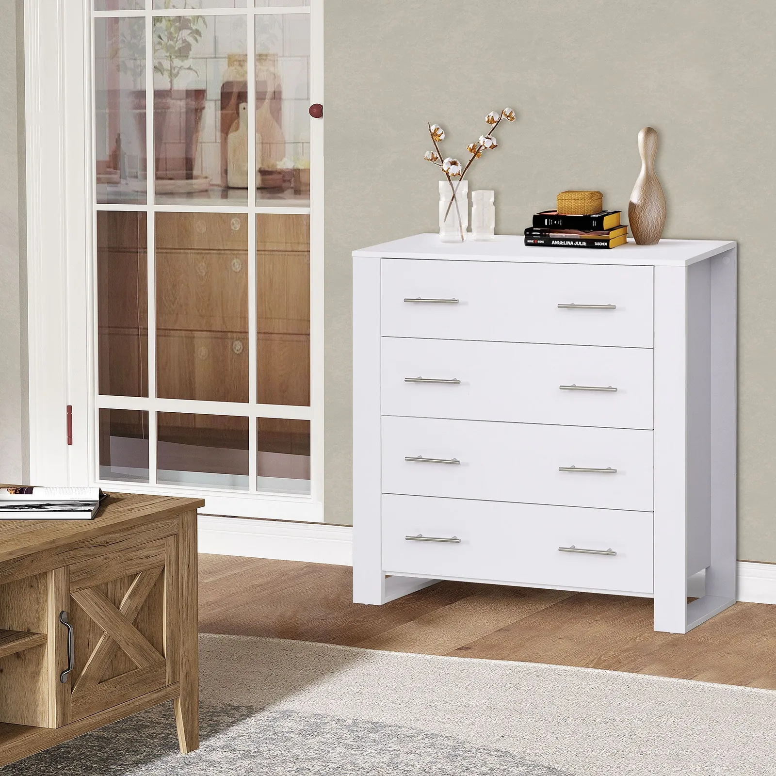 HOMCOM Chest Of 4 Drawers Home Storage Clothes Cabinet Metal Handles Base in White 4