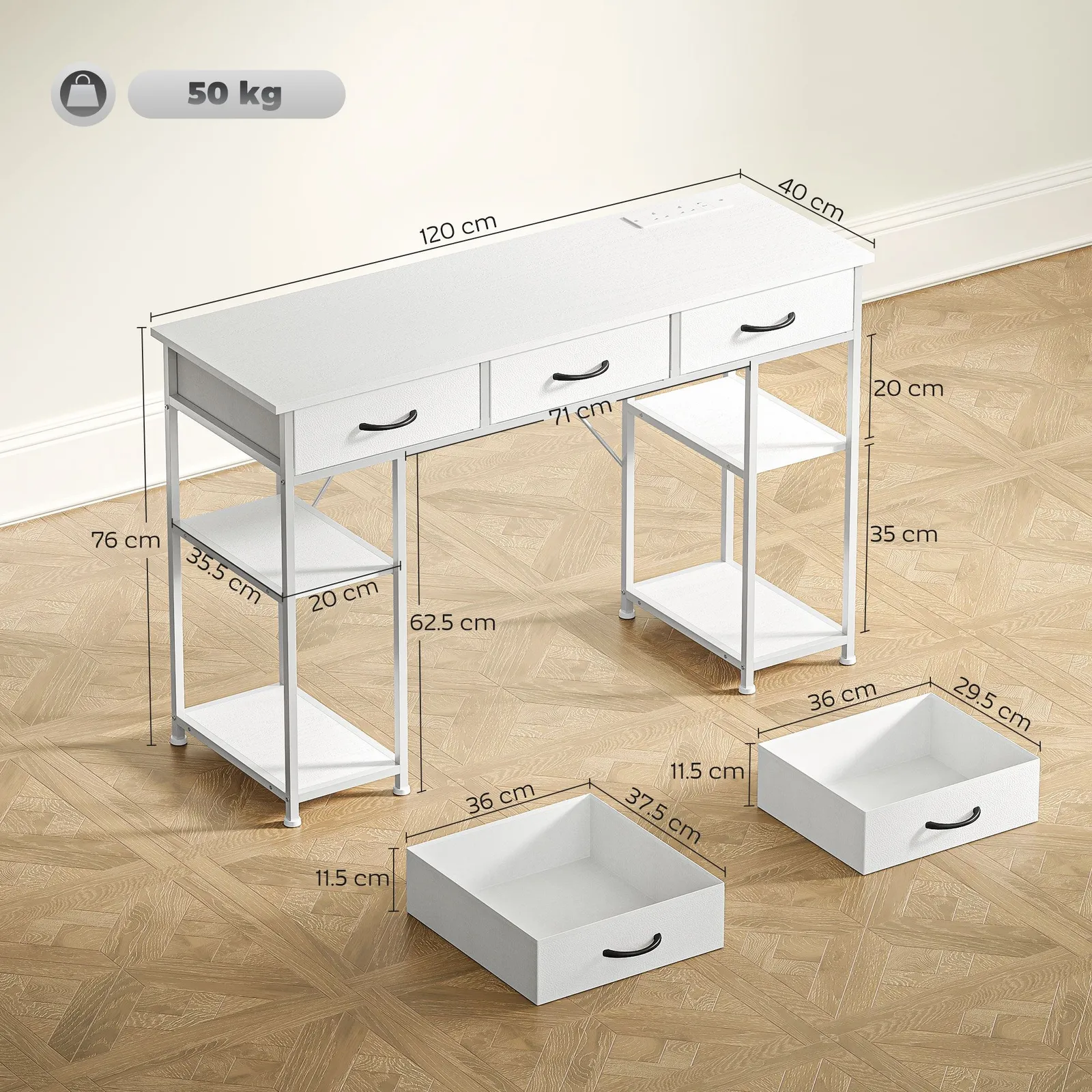 HOMCOM Computer Writing Desk with Power Outlets, Drawers, Shelves, White 3