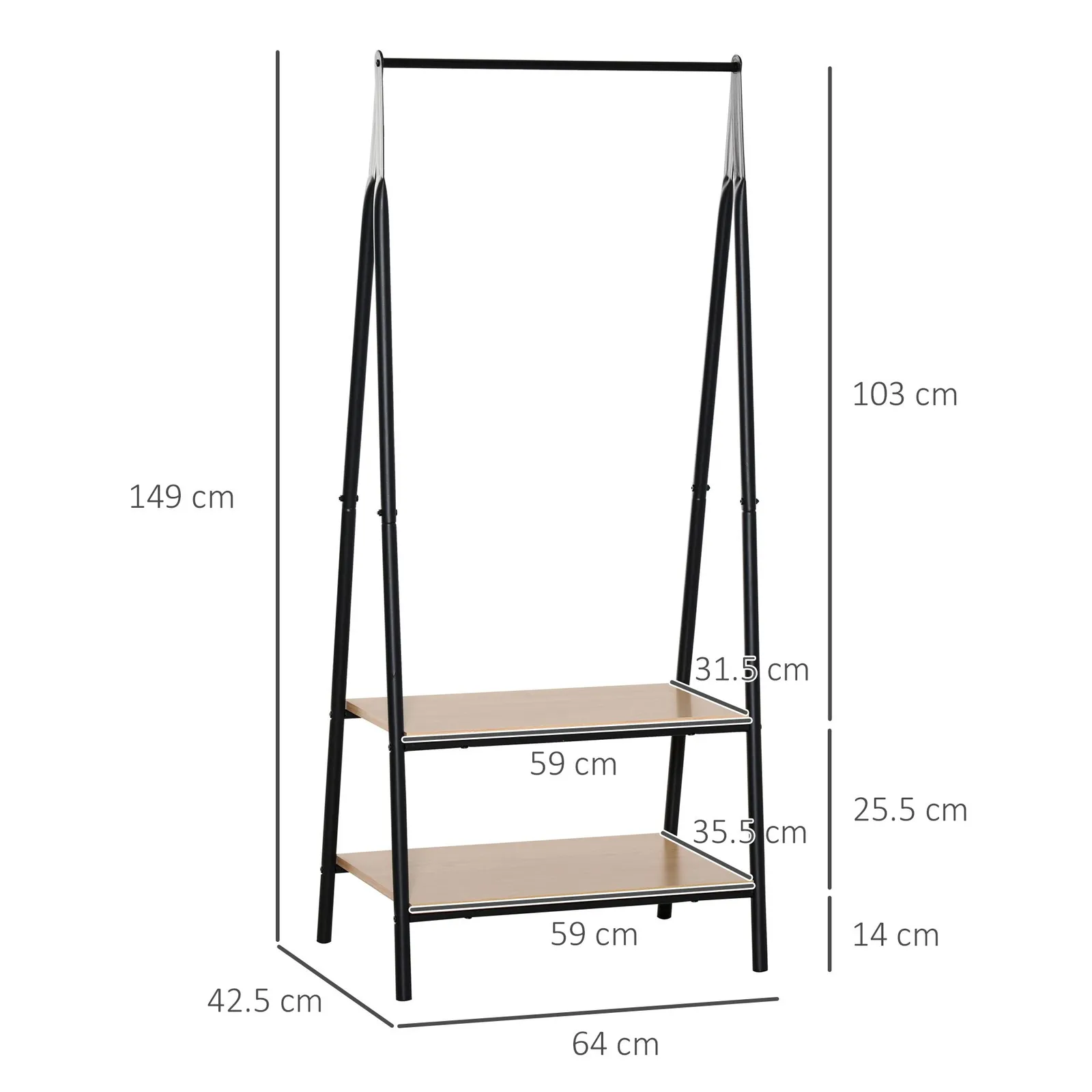 HOMCOM 2-Tier Garment Rack Storage Shelves Metal Coat Shoes Clothes Stand Open Wardrobe in Natural 3