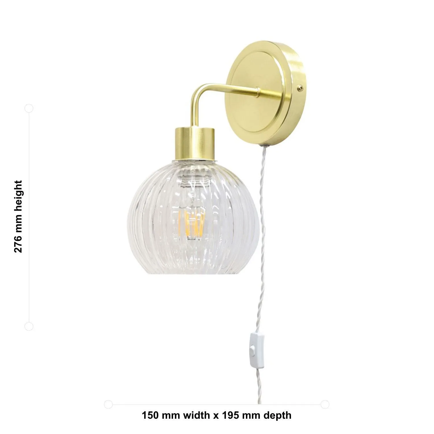 First Choice Lighting Set of 2 Toby - Satin Brass Plug in Wall Lights Clear Ribbed Shades in Gold 6