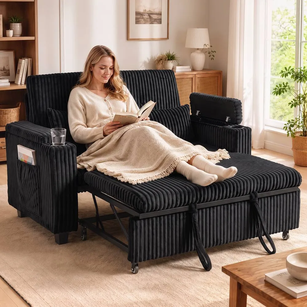 HOMCOM 2 Seater Sofa Bed, 3-in-1 Corduroy Pull Out Sleeper Sofa, Black 2