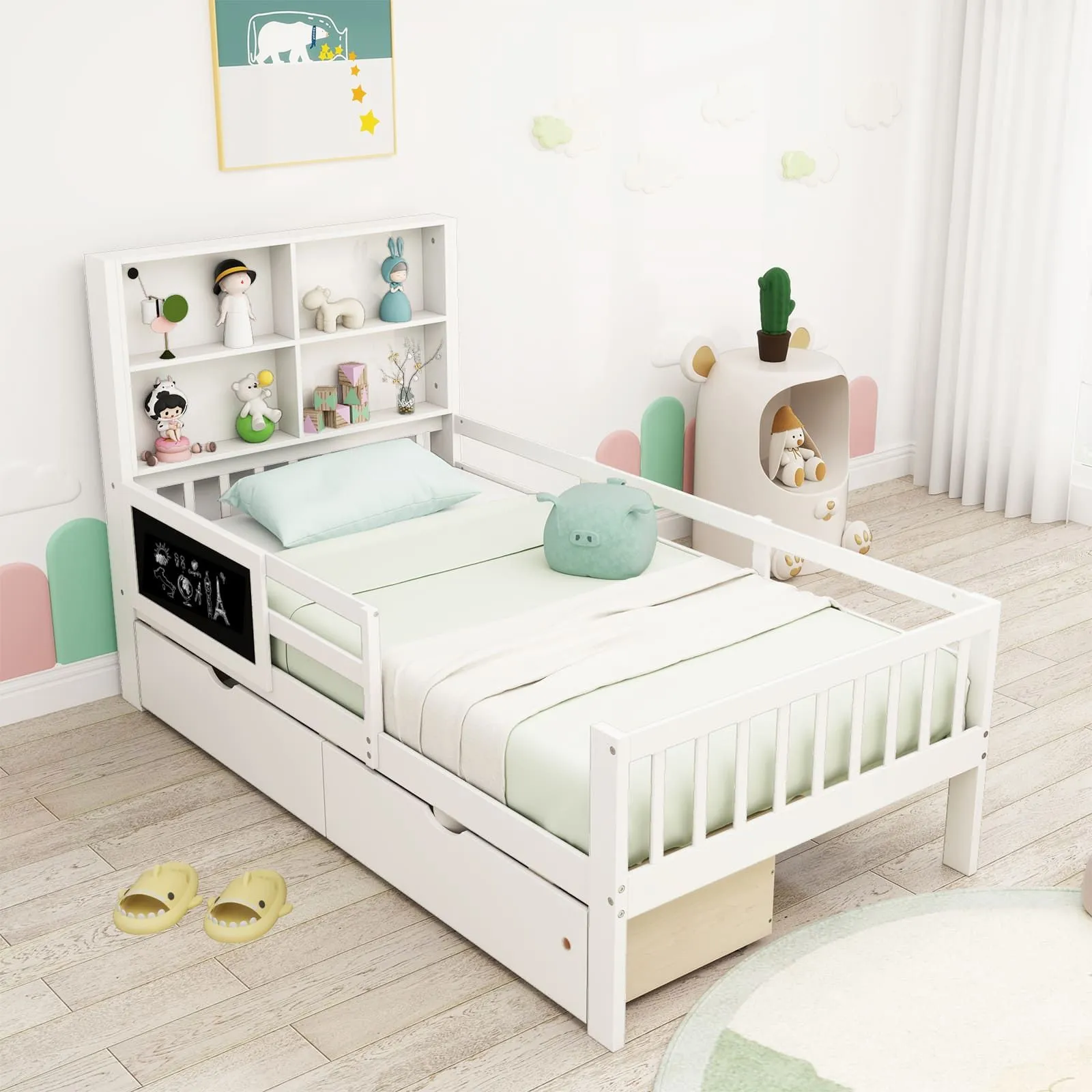Costway Single Size Bed Frame Solid Wood Platform Bed w/2 Storage Drawers in White 4