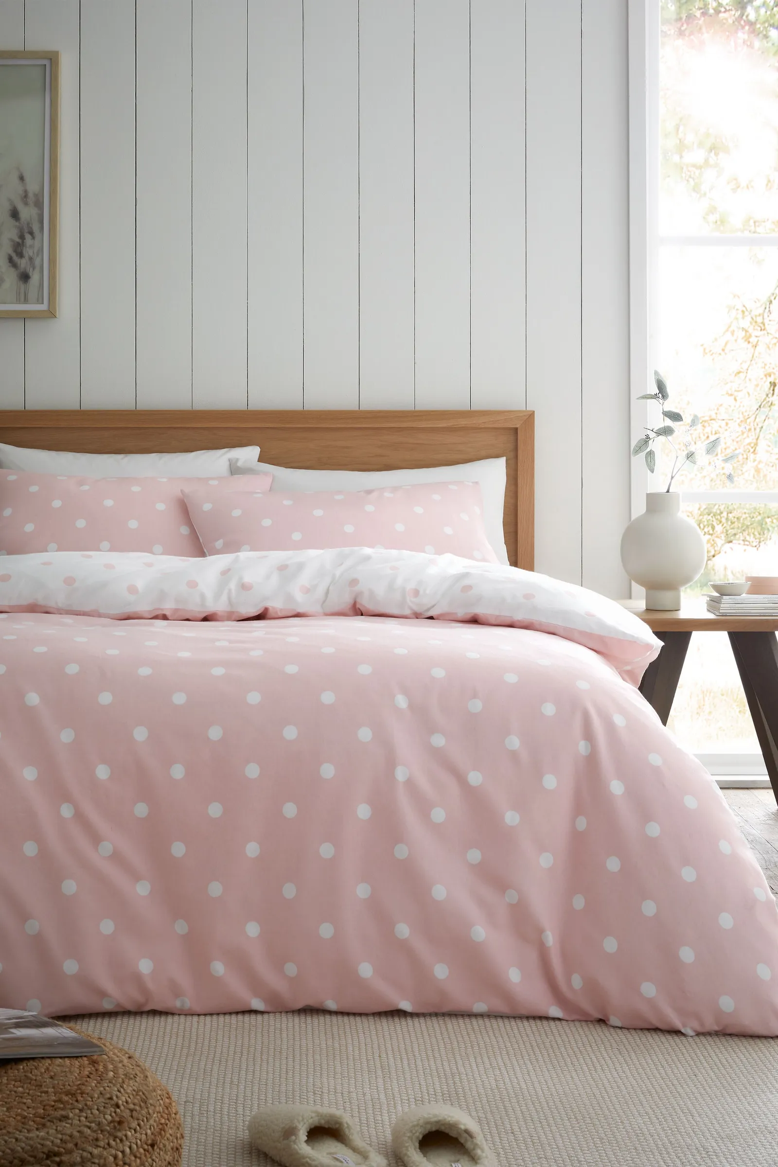 Catherine Lansfield 'Brushed Polka Dot' Cotton Reversible Duvet Cover Set in Pink