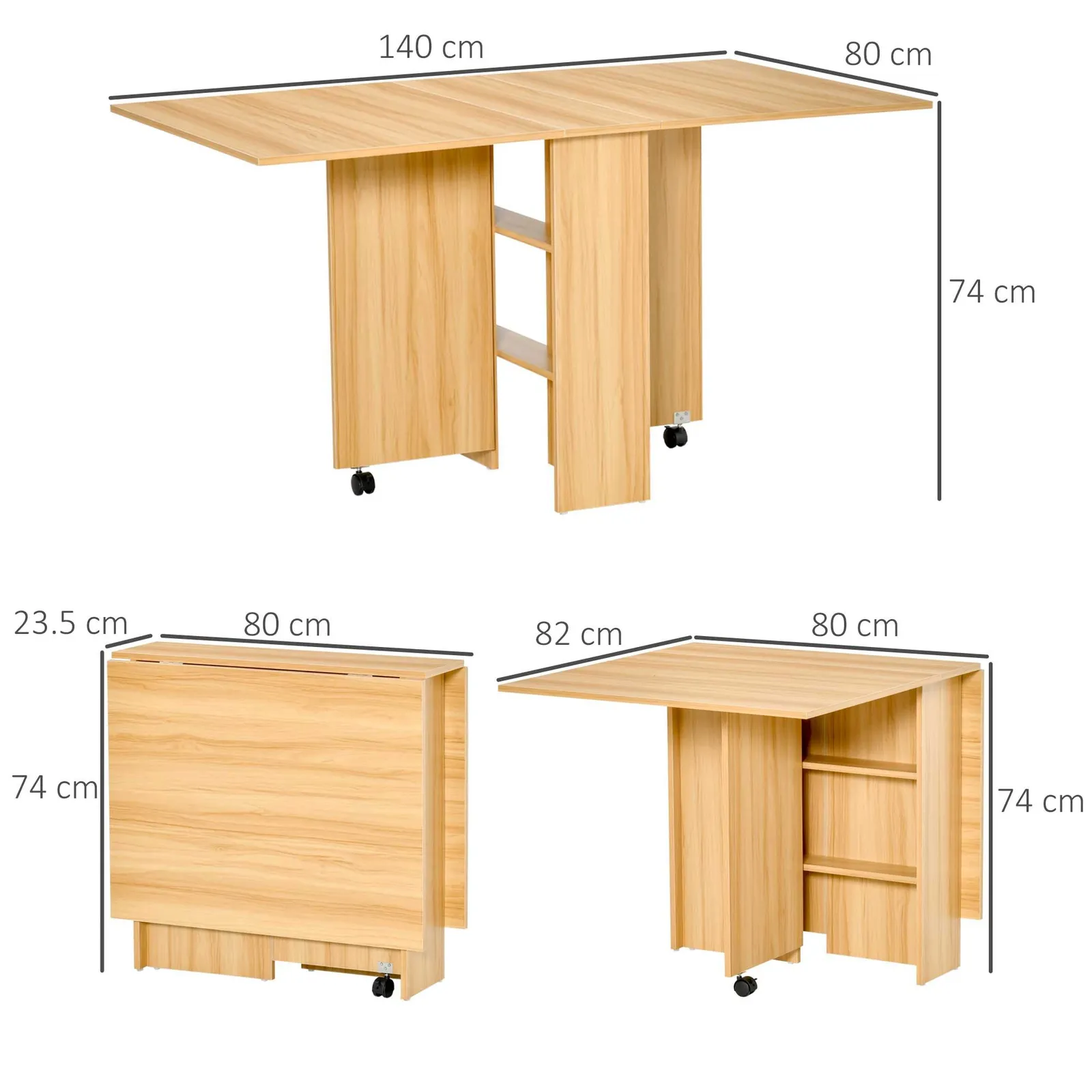 HOMCOM Foldable Dining Table with Storage Shelves for Kitchen, Dining Room in Natural 3