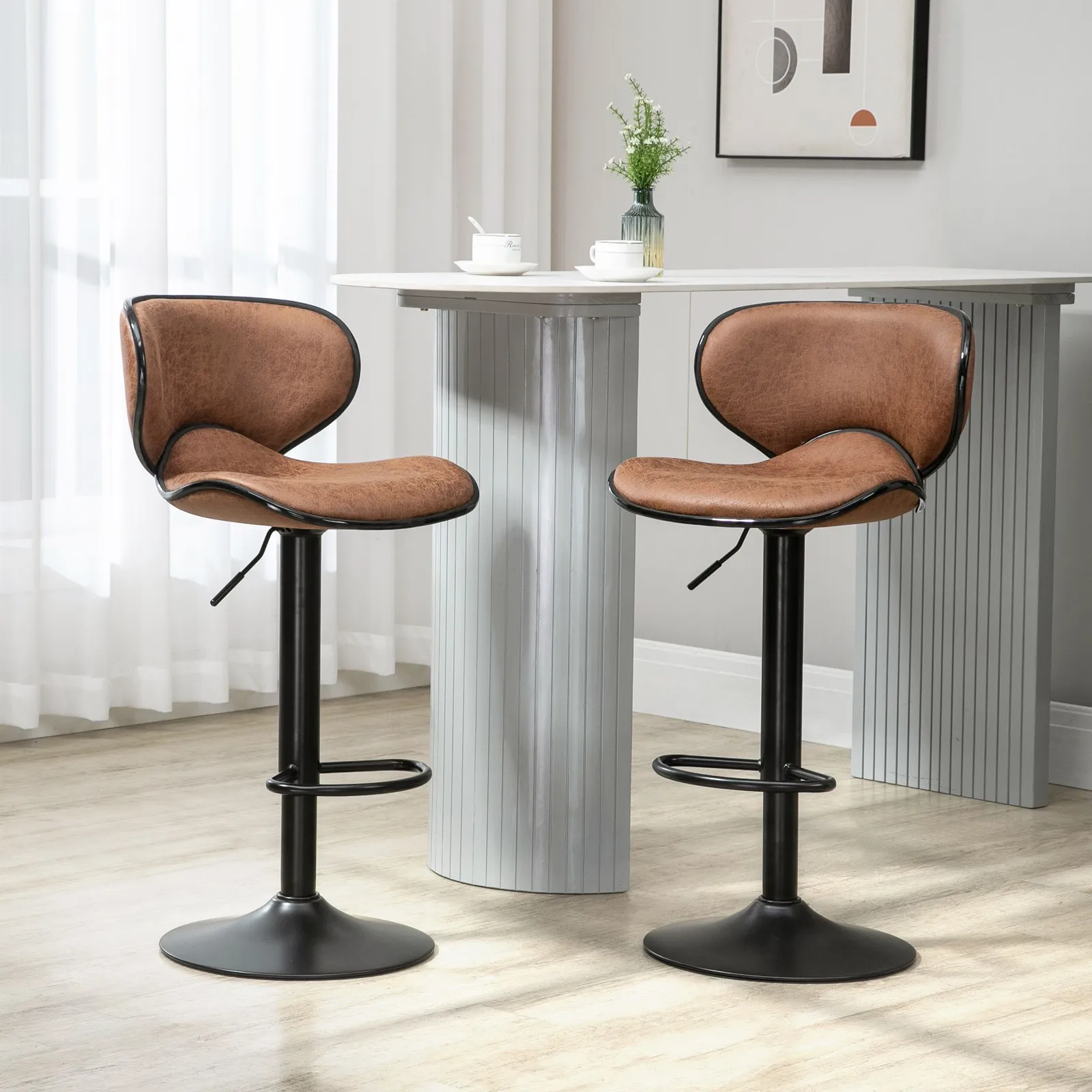 HOMCOM Bar Stool Set of 2 Faux Leather Adjustable Height Armless Chairs in Brown