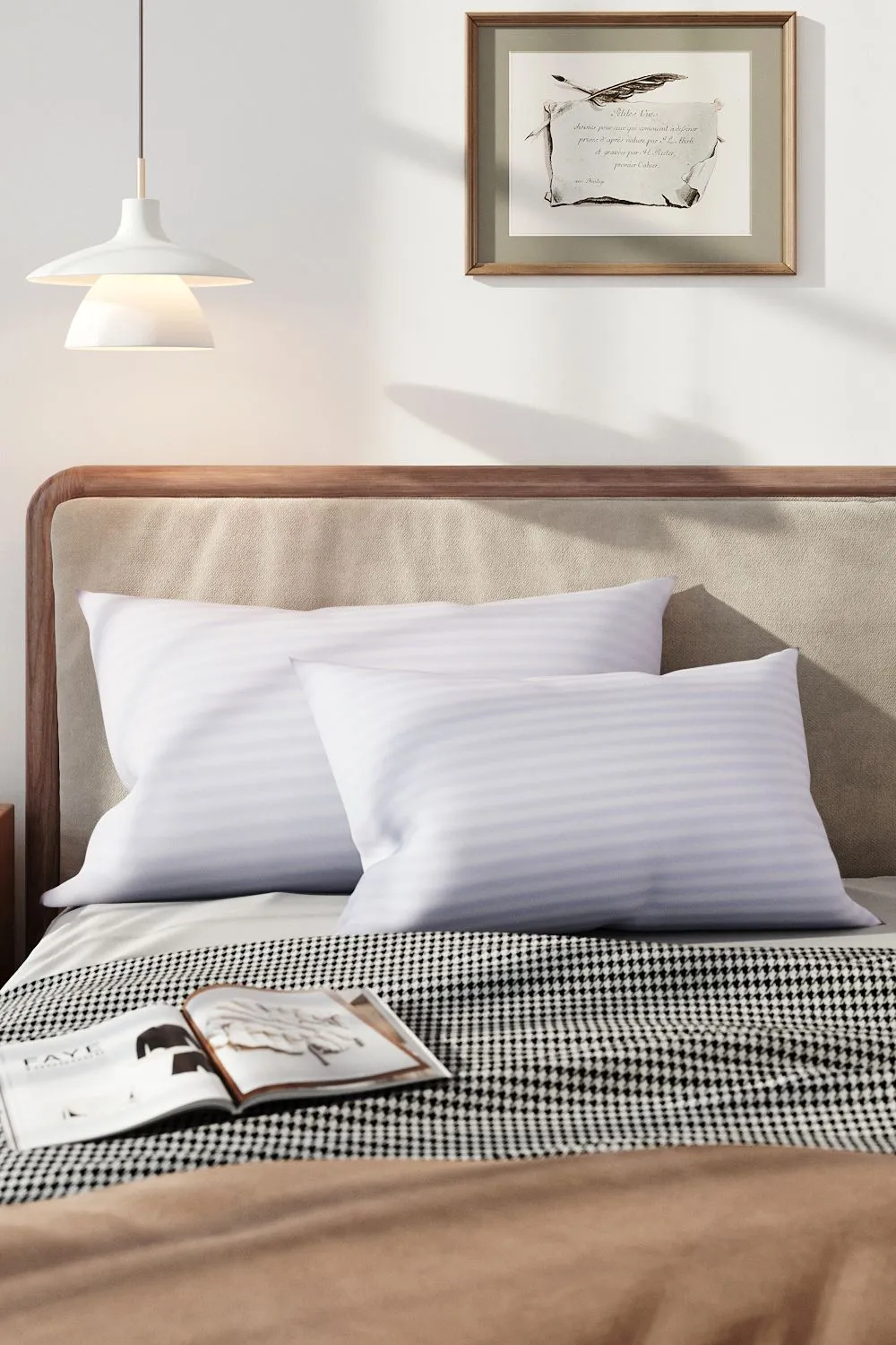 Living and Home 2Pcs Washable Stripe Bed Pillows Comfortable Medium Firm Support Pillows, 74cm L x 48cm W in White