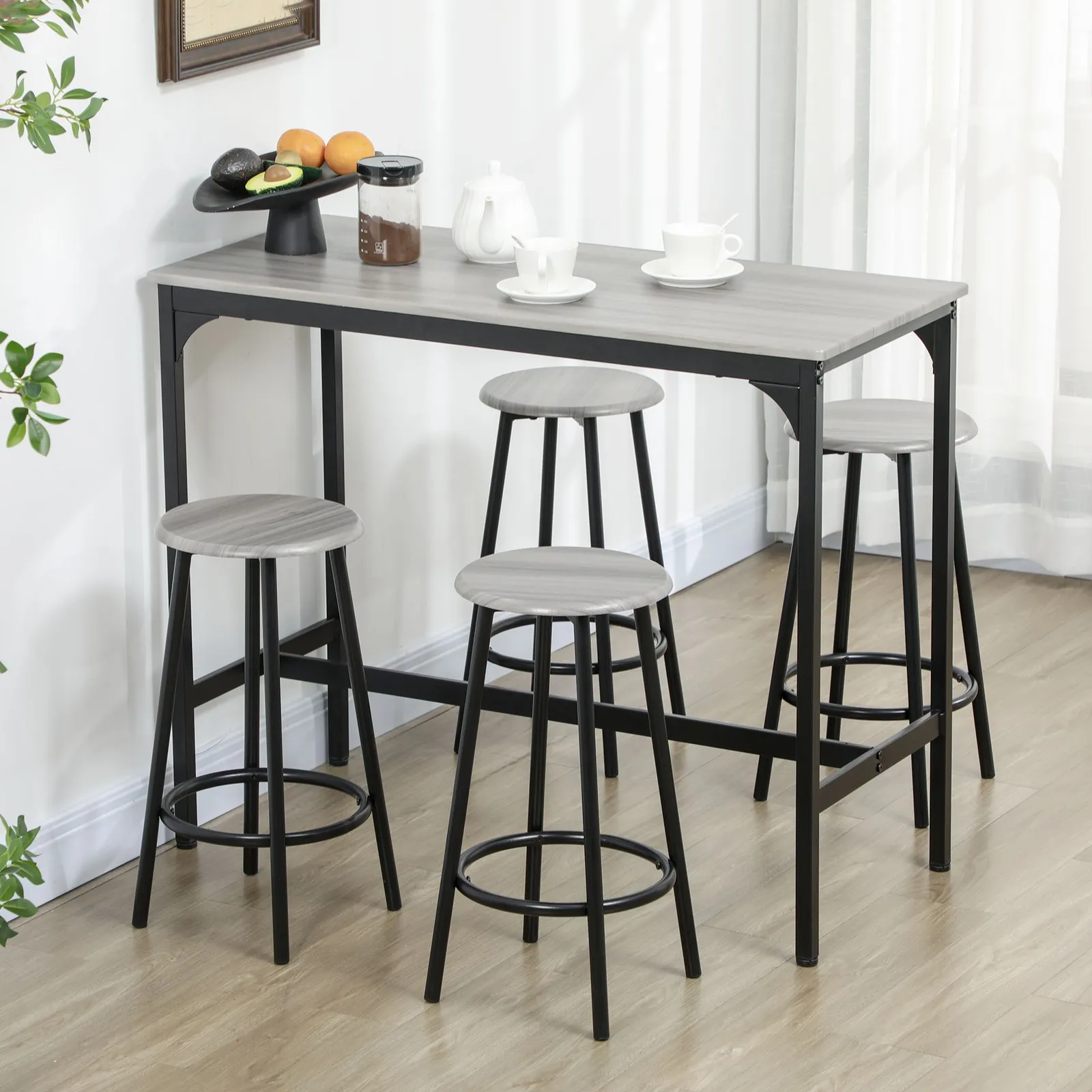 HOMCOM 5 Piece Bar Table & Stools Set with Metal Frame in Grey 1