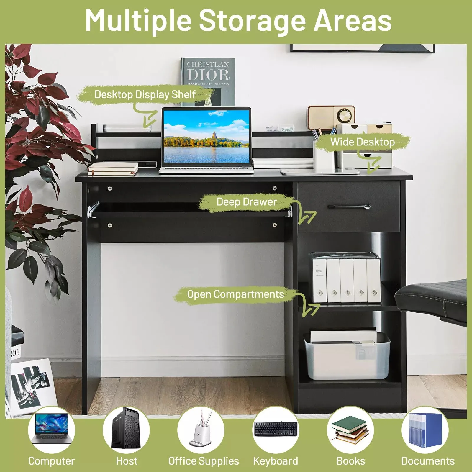 Costway Wooden Computer Desk W/ Keyboard Tray Writing Workstation Vanity Dressing Table in Black 4