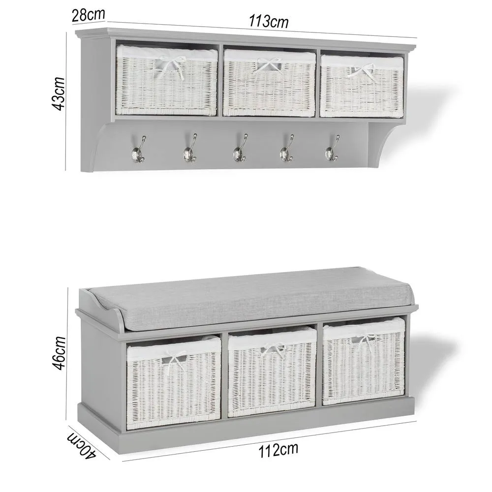 Statement Furniture Tetbury 3 White Wicker Basket & Grey Cushion Hallway Set in Light Grey 4