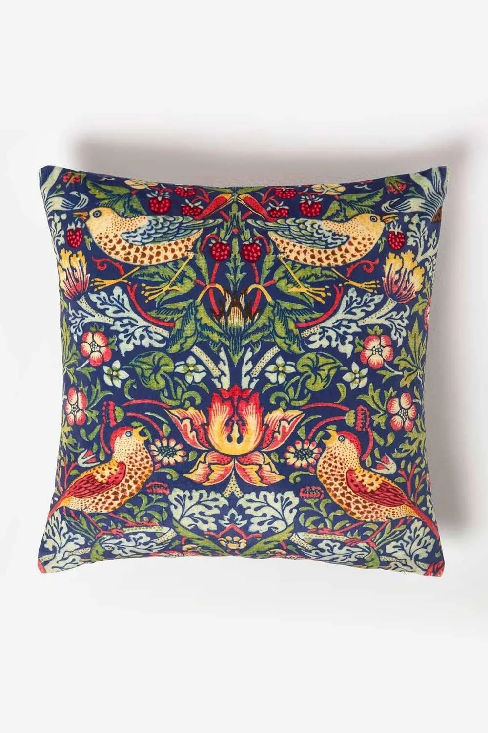 Homescapes William Morris Strawberry Thief Velvet Cushion in Navy 1
