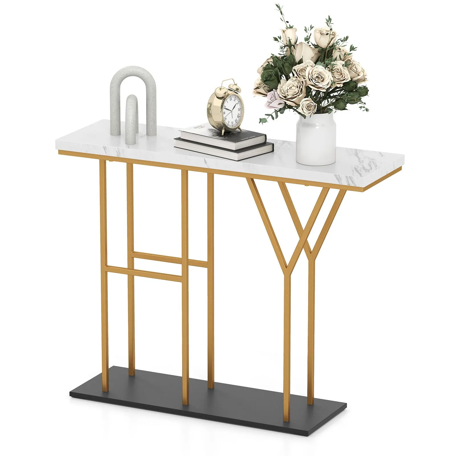 Costway 100 CM Console Table 2-Tier Faux Marble Entryway Table in White