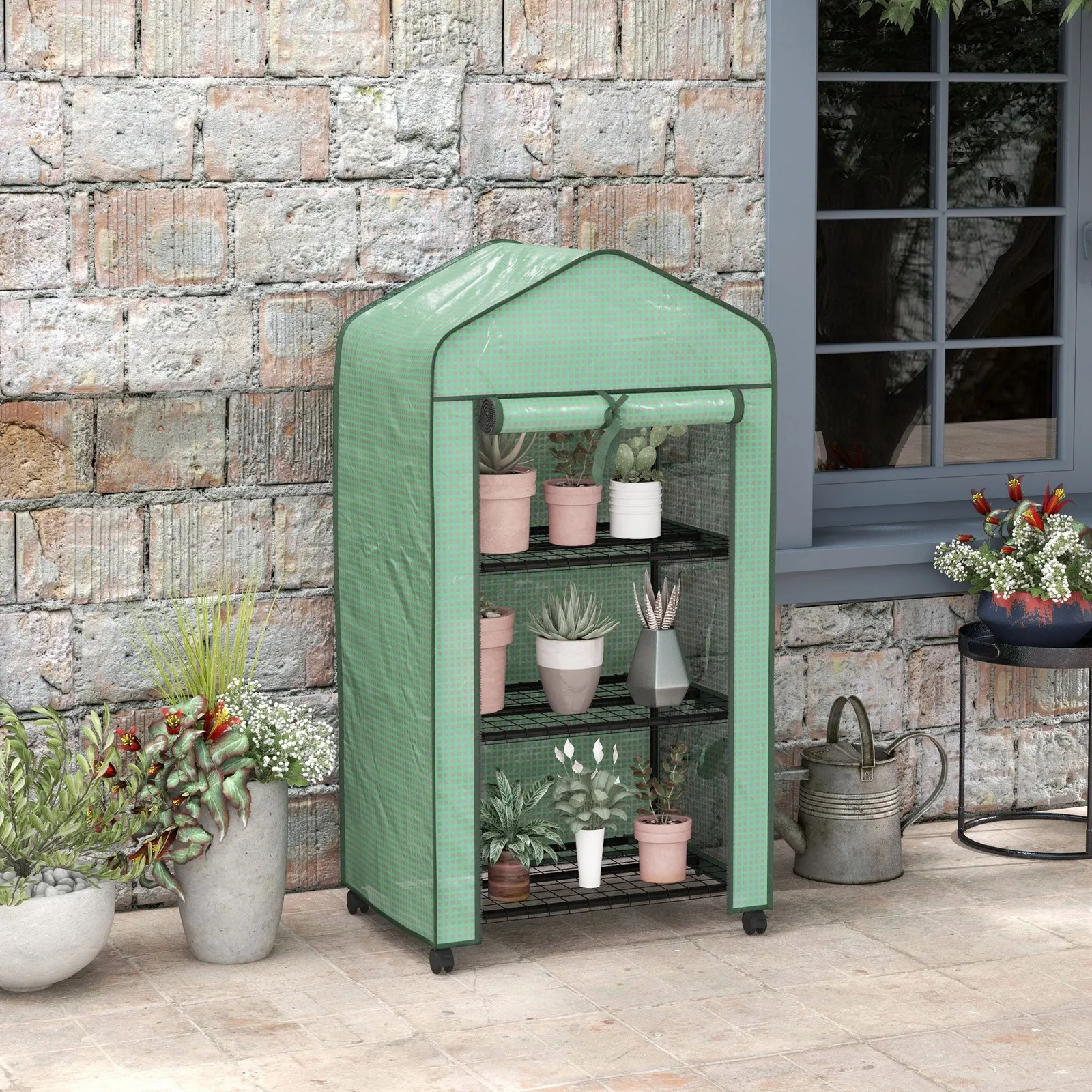 OUTSUNNY Portable Mini Greenhouse with Roll-up Door & Wheels, Green