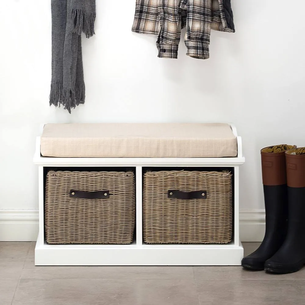 Statement Furniture Tetbury Bench with 2 Brown Faux Rattan Baskets & Cream Cushion in White 1