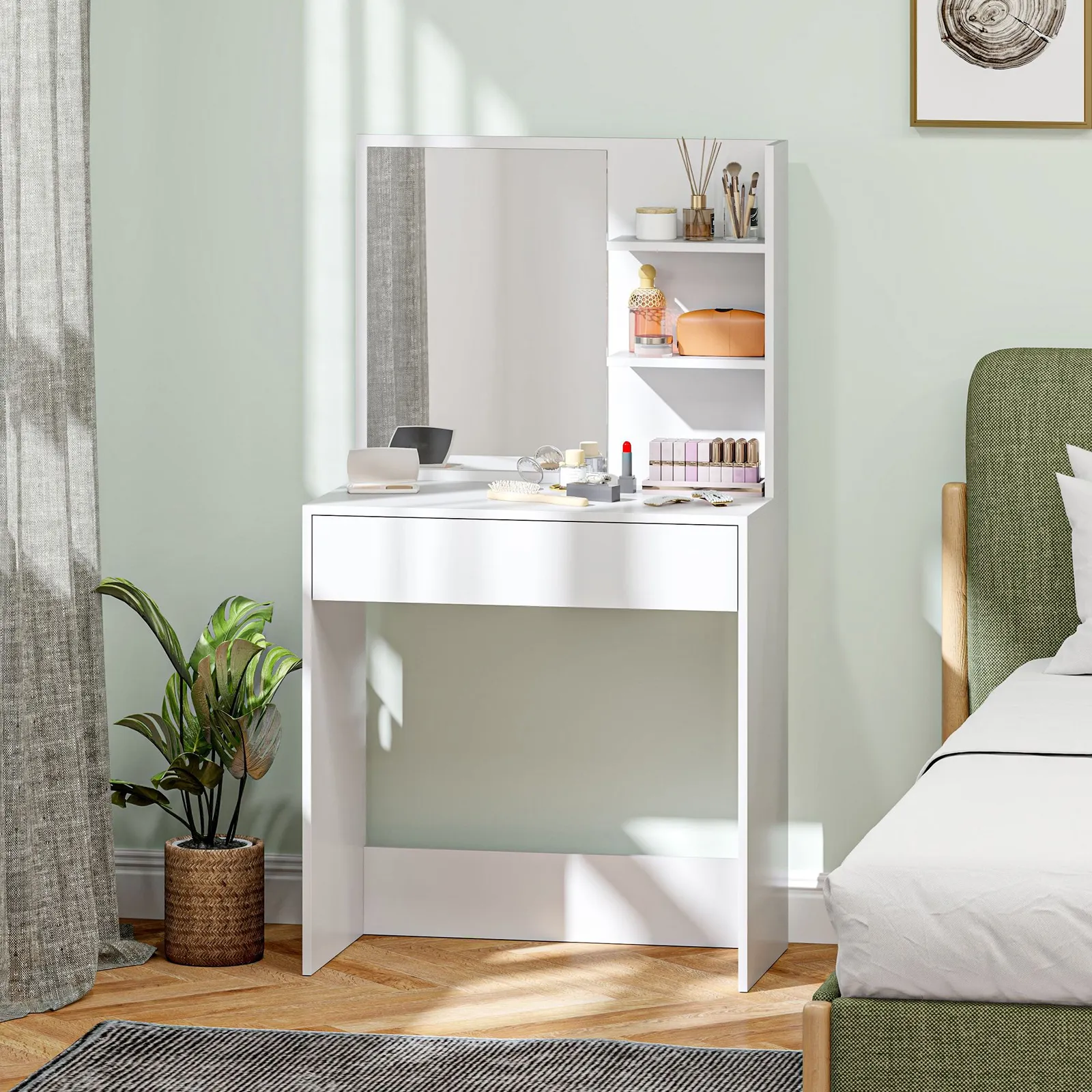 HOMCOM Dressing Table with Mirror & Storage, Modern Vanity Desk, White