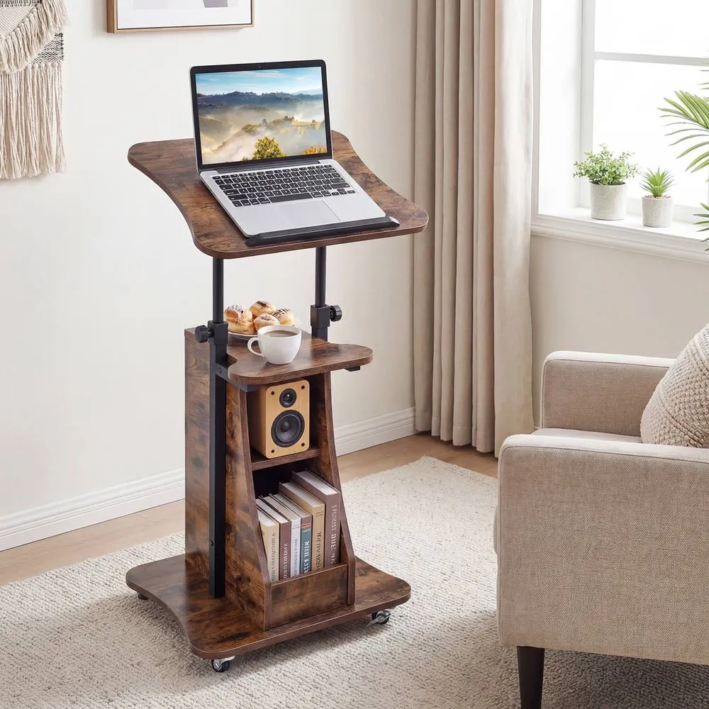 Costway Height Adjustable Podium Stand on Wheels with Rustic Brown/Black Wood in Brown 4