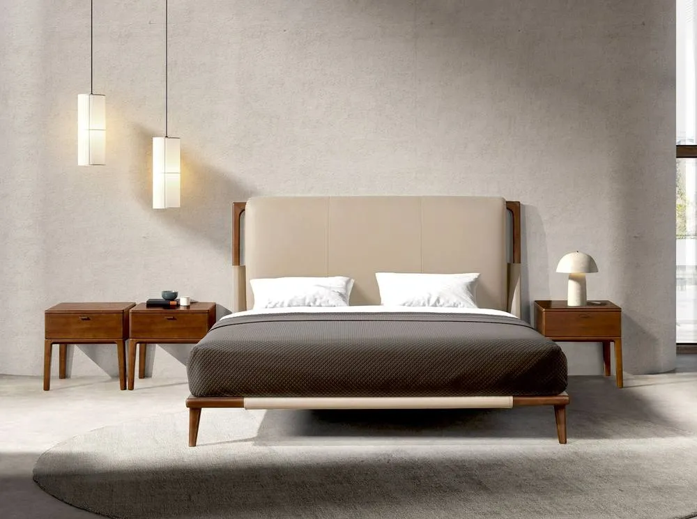 Angel Cerda Mink Leatherette Double Bed with Walnut-Coloured in Beige 6