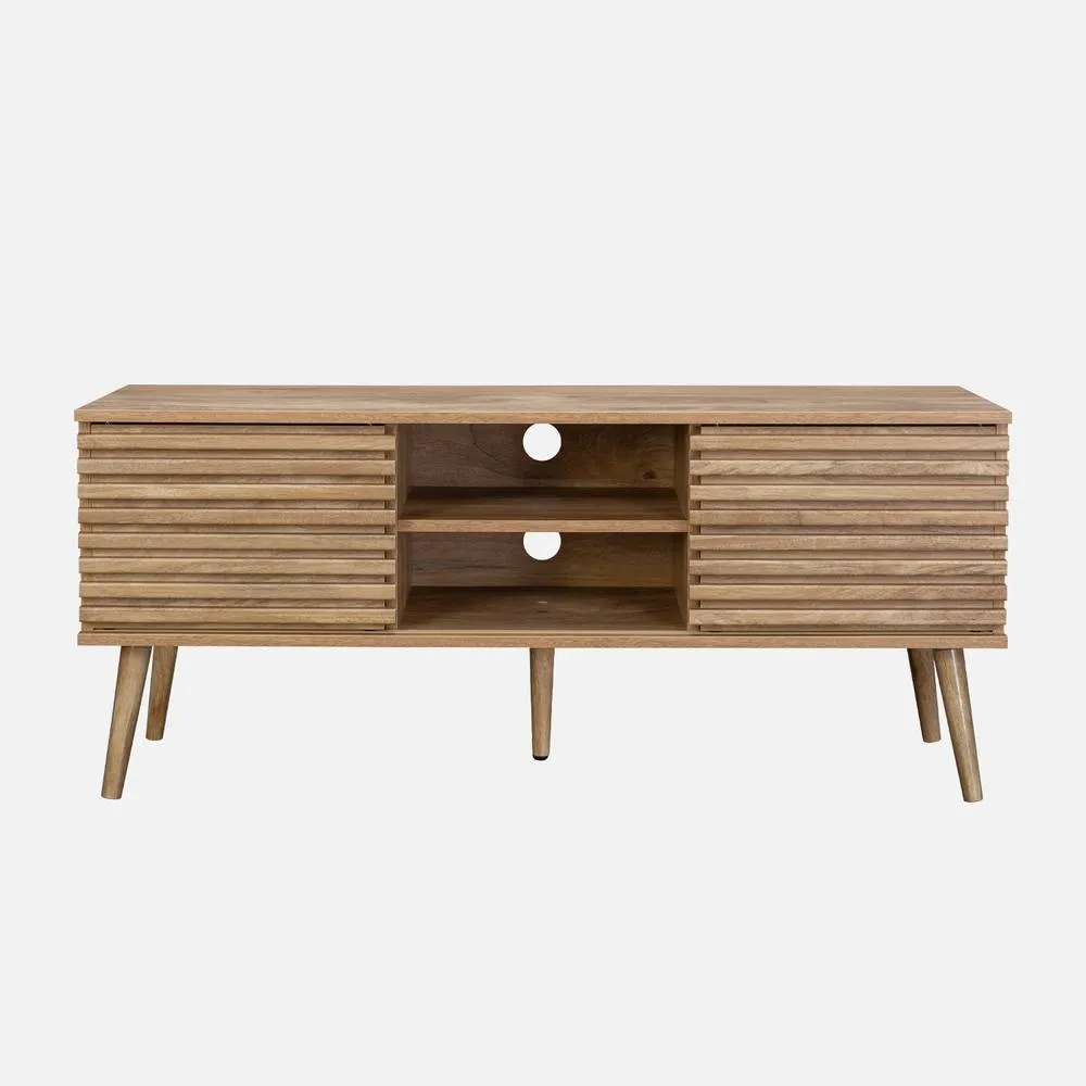 sweeek 120 Cm Scandinavian Tv Unit Grooved Wooden Effect 2 Doors in Light Brown 2