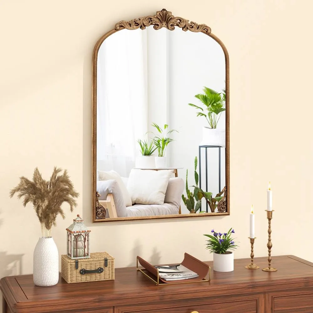 Costway Antiqued Gold Wall Mirror 95cm x 66cm Dramatic Arched Mirror