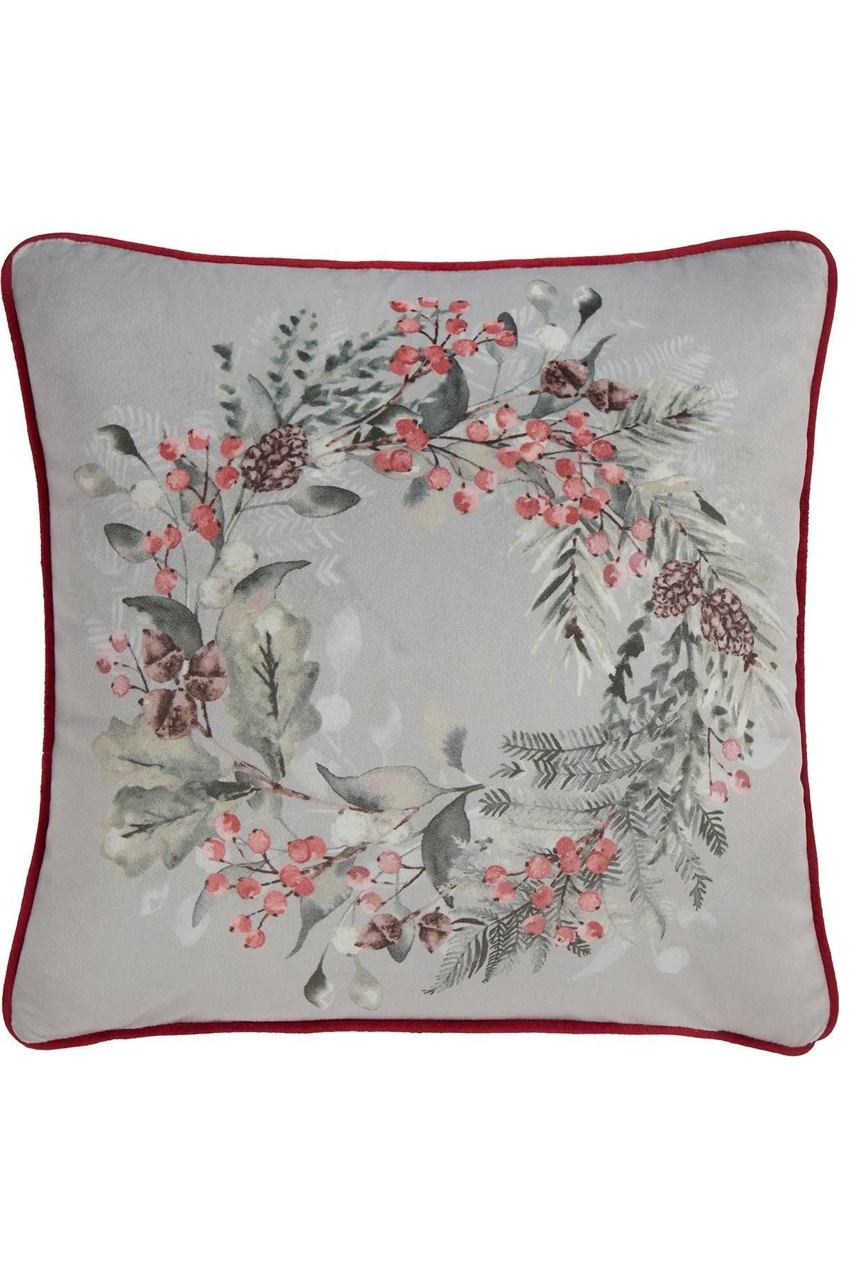 Dreams & Drapes 'Winter Sprigs' Floral Wreath Velvet Filled Cushion in Green 2