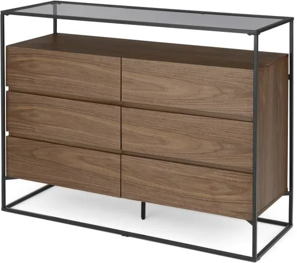 Jaxta Wide Chest of Drawers, Walnut and Smoked Glass