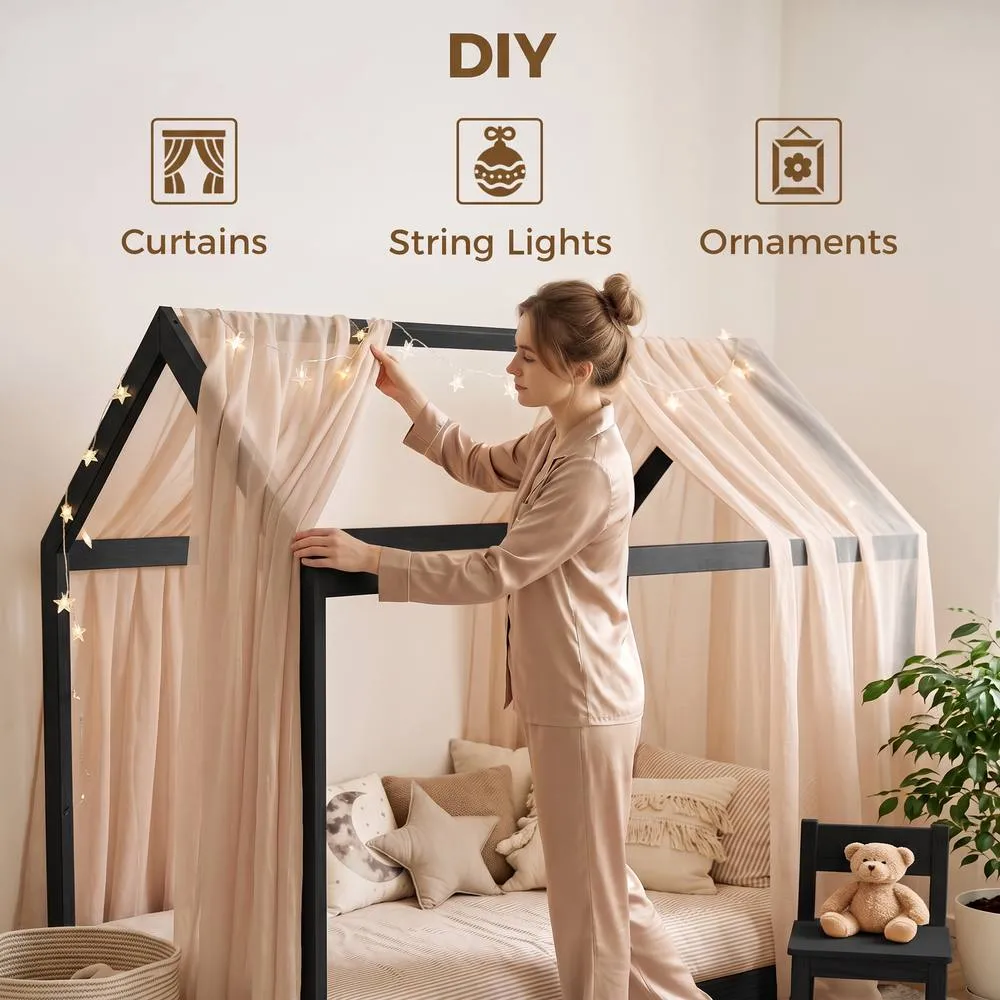 HOMCOM Single Bed Frame for 90Wx190D cm Mattress, Pine Wood Frame, BlacK 5