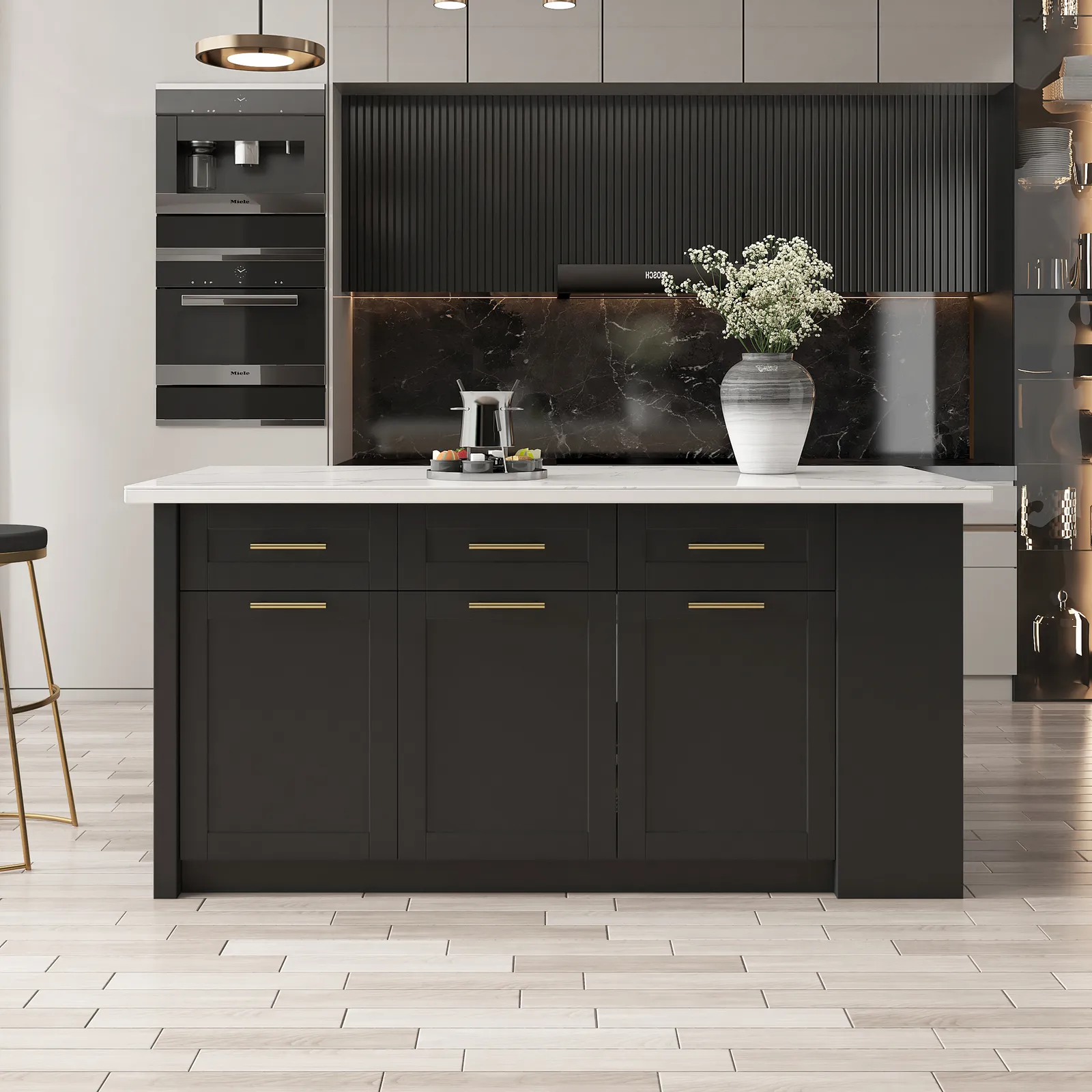 180 cm Sintered Stone White&Black Kitchen Island with Storage Modern Kitchen Cabinet