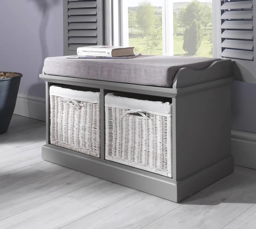 Statement Furniture Tetbury Bench with 2 White Wicker Baskets & Grey Cushion in Light Grey 4