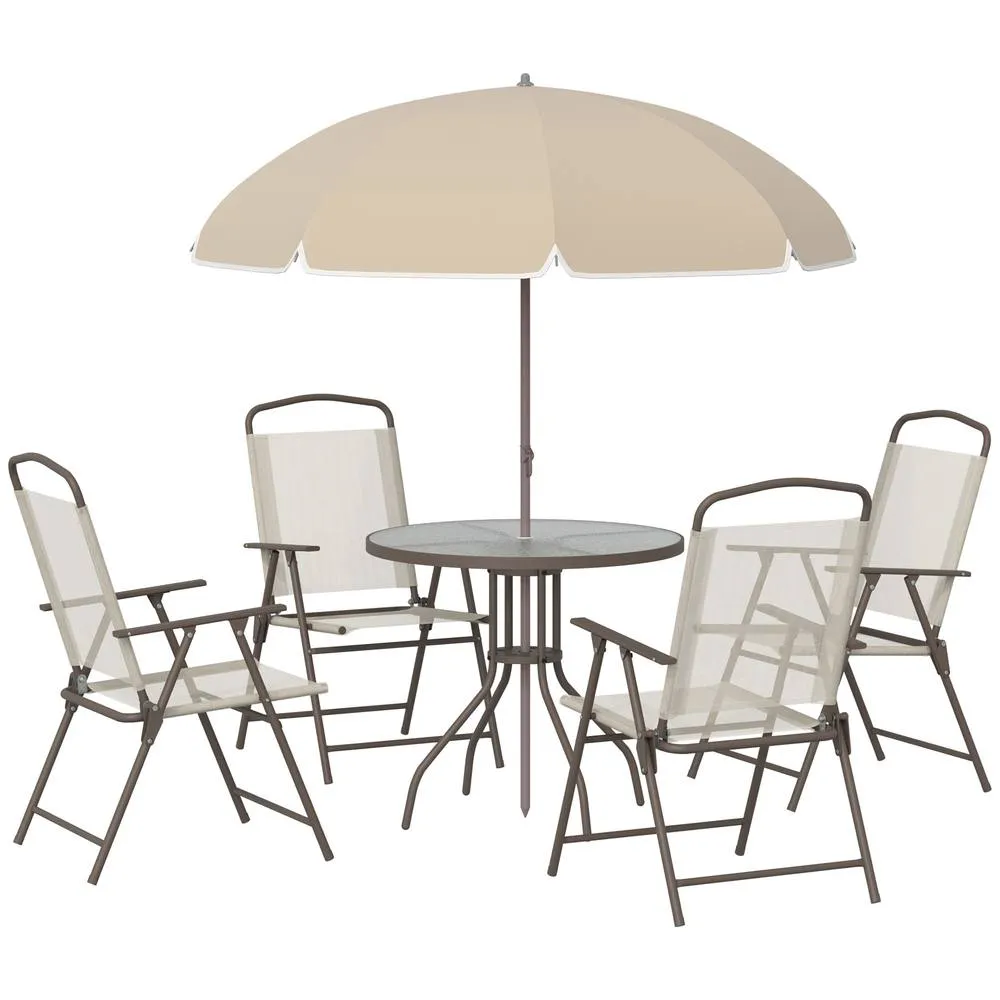 OUTSUNNY 6 Piece Patio Dining Set with Garden Umbrella 4 Folding Chairs in Beige 2